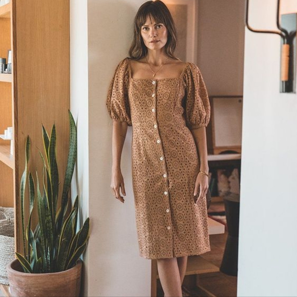Puff-Sleeve Eyelet Midi Dress in Camel